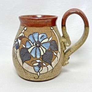 Claybelly Stoneware Hummingbird Floral Pattern Coffee Cup Mug Brown Blue Rare